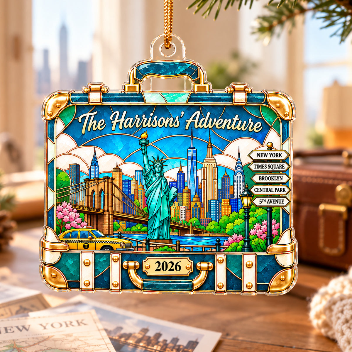 Custom Travel Adventure Suitcase Colorful Faceted Illustration 2D Flat Printed - Personalized Acrylic Ornament - Traveling Destination Keepsake, Christmas Gift For Traveling Lovers
