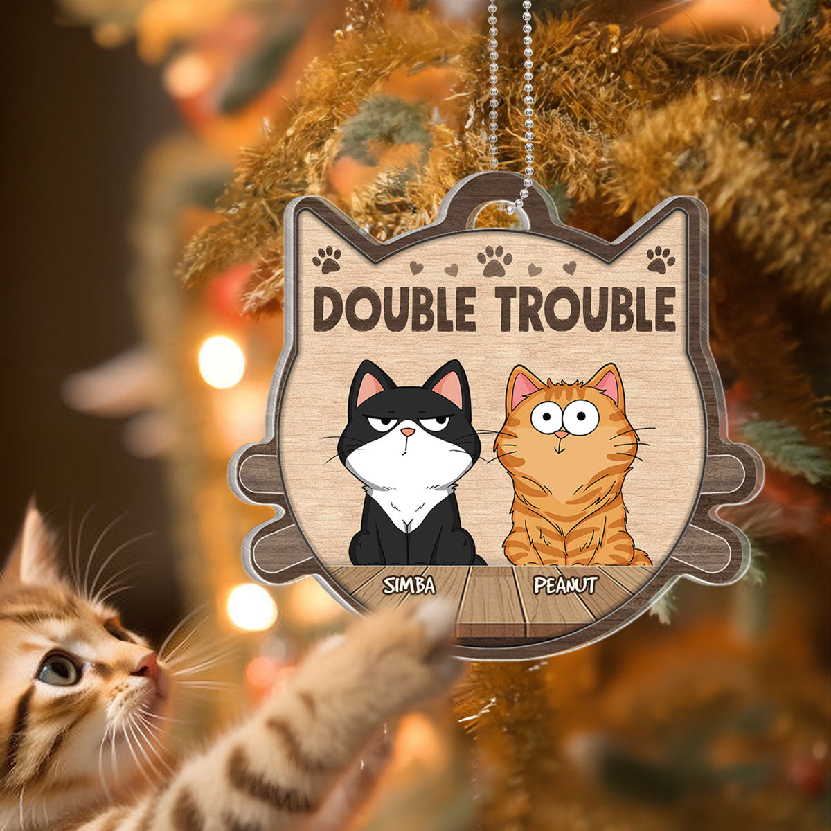 Double Trouble Funny Cat Expression Personalized Cat Head Shaped Wooden Ornament