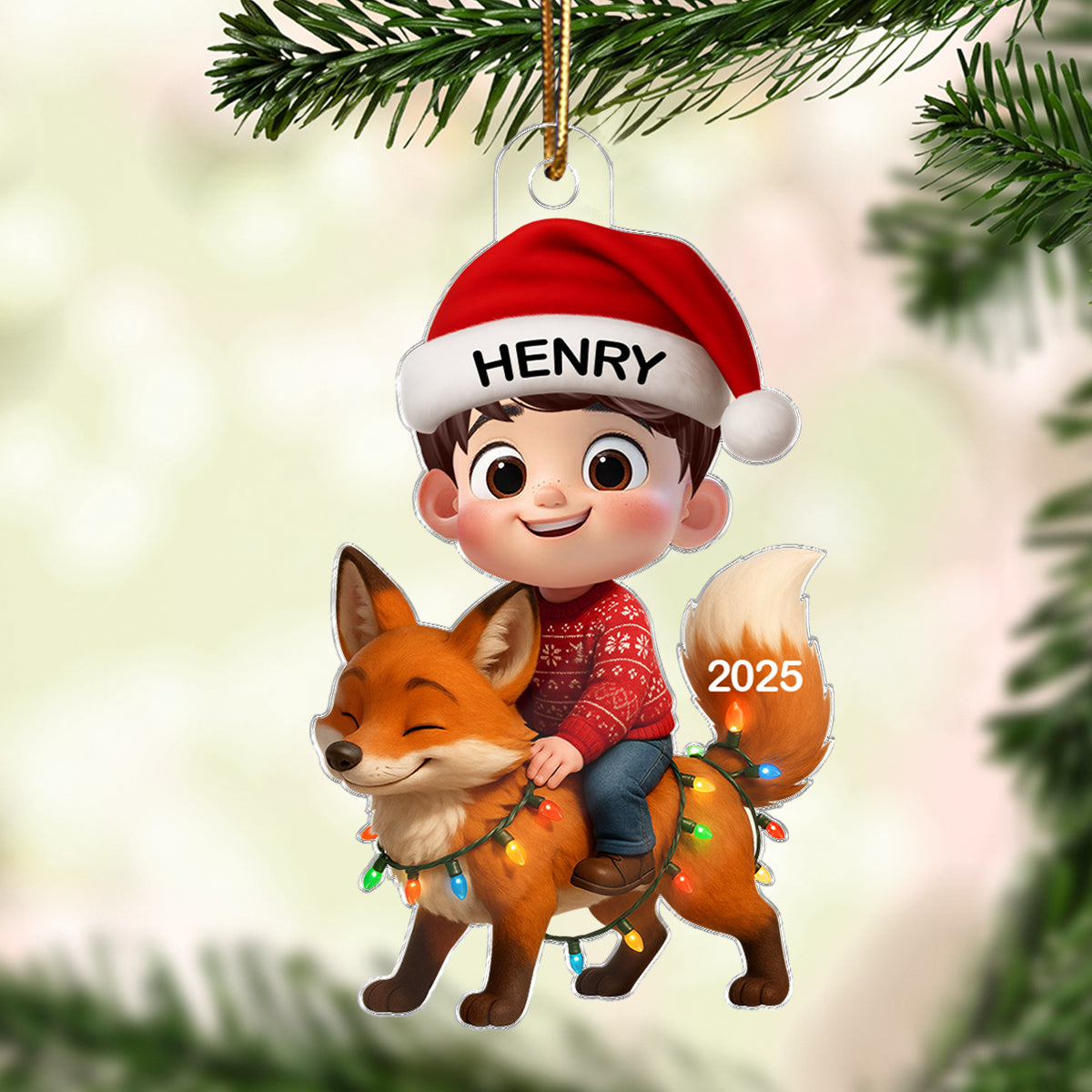 3D Effect Little Kid Jungle Safari Animals Fox Christmas Personalized Acrylic Ornament