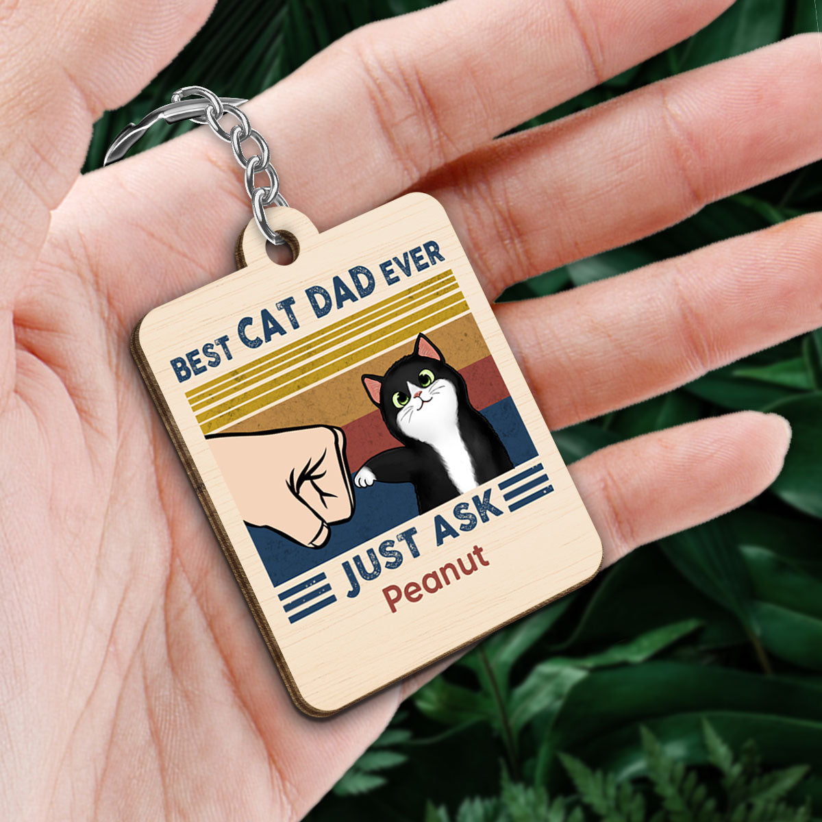 Best Cat Dad Fluffy Cat Personalized Wooden Keychain
