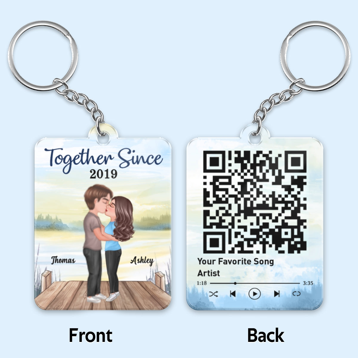 Doll Couple Kissing Lake Favorite Song Scannable QR Code Personalized Acrylic Keychain