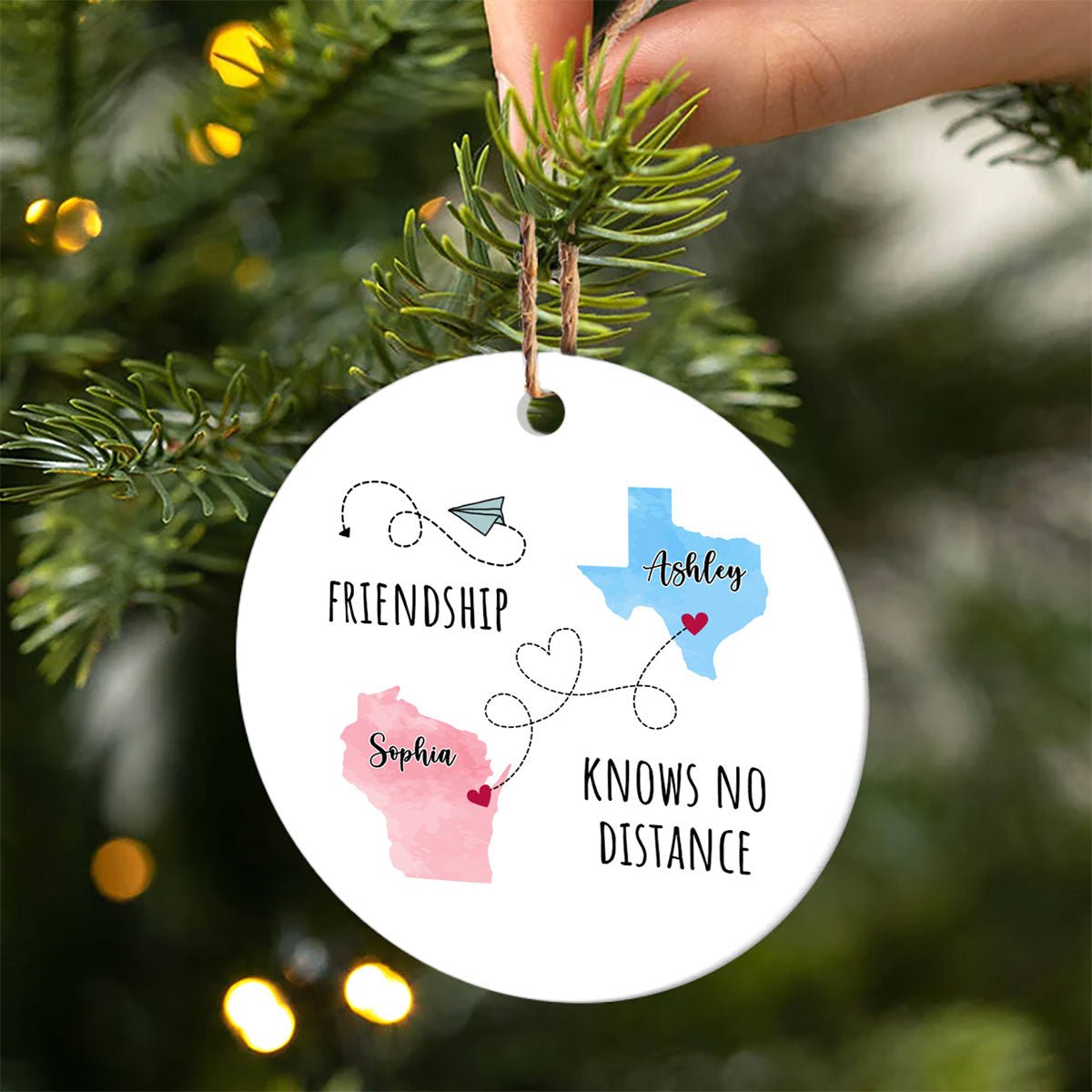 Friendship Sisters Family Love Knows No Distance Personalized Circle Ceramic Ornament, Long Distance State To State Togetherness Gift