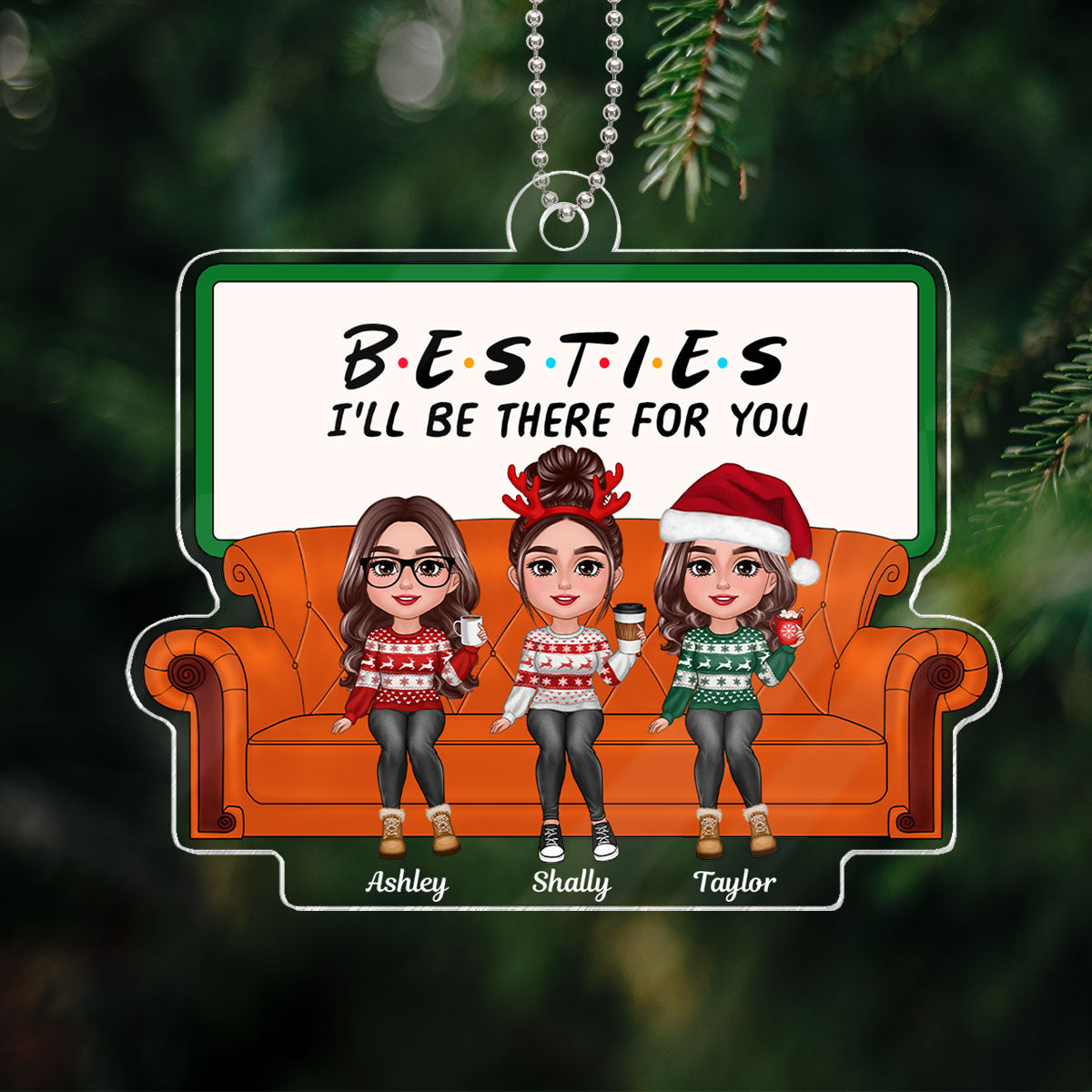 Christmas Besties Sisters Sitting On Sofa Personalized Acrylic Ornament