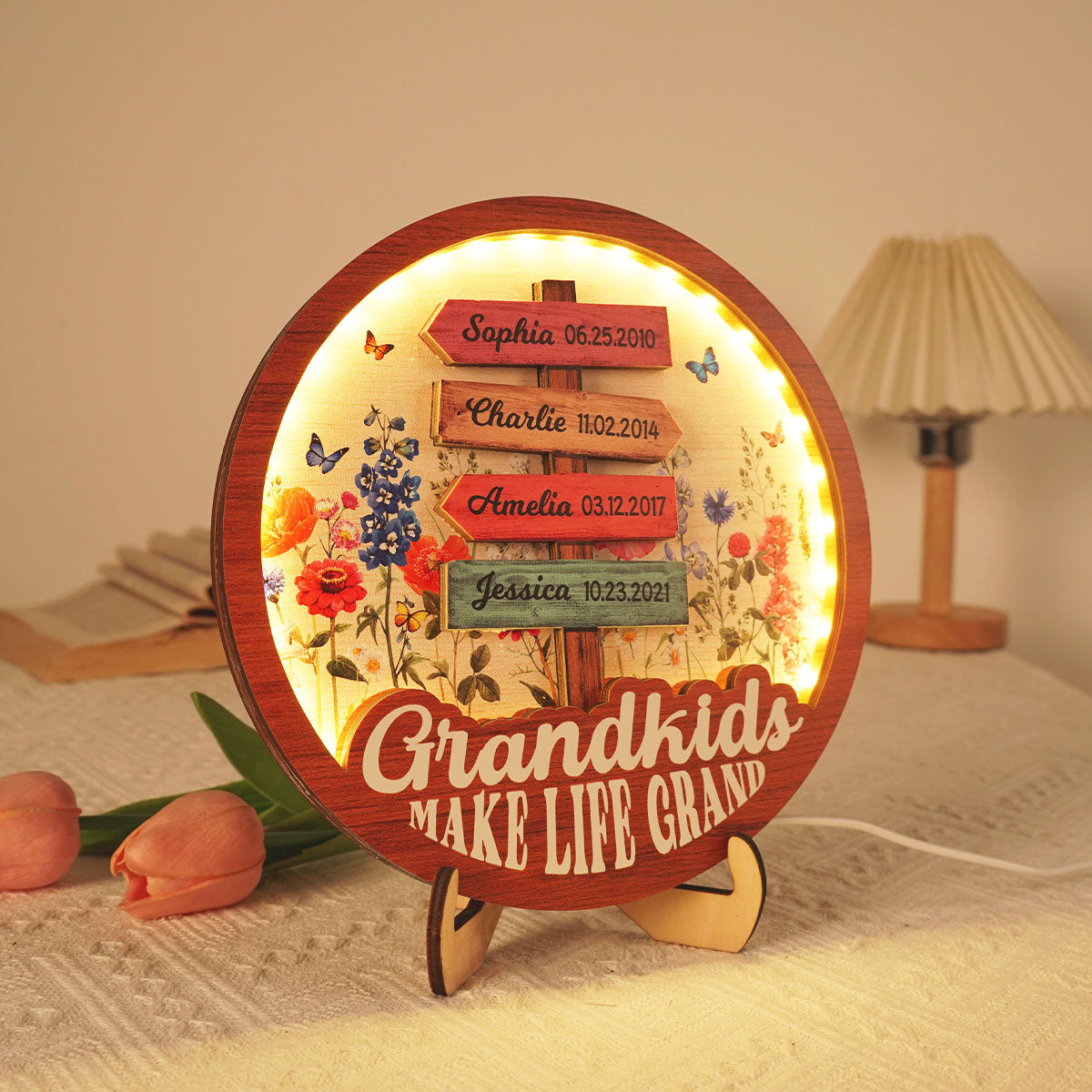 Grandma Flower Garden Grandkids Names Sign Personalized 3-Layer Wooden Plaque With LED, Gift for Mom, for Grandma