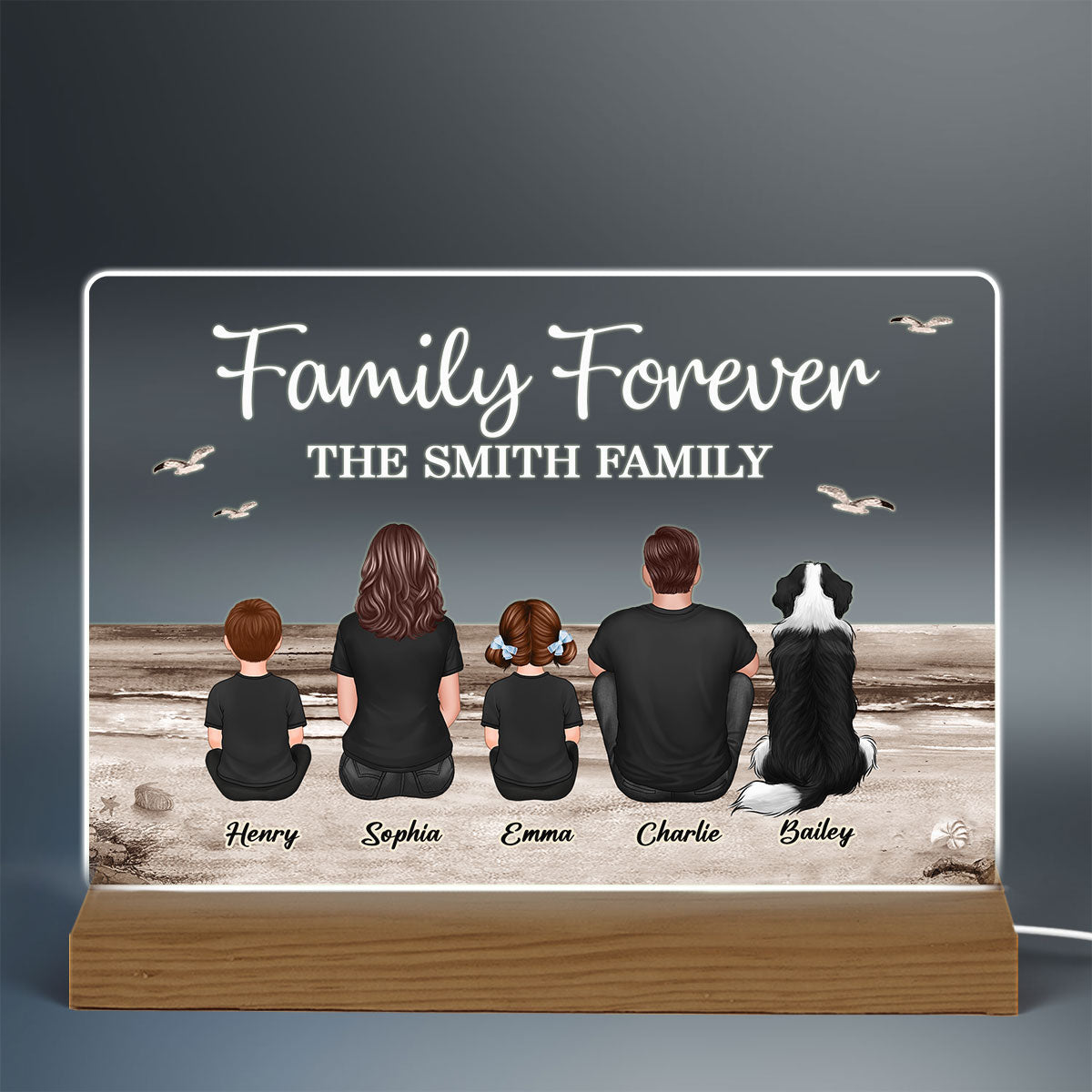 Retro Vintage Family Sitting Beach Landscape Personalized Custom Shape Acrylic Plaque LED Night Light
