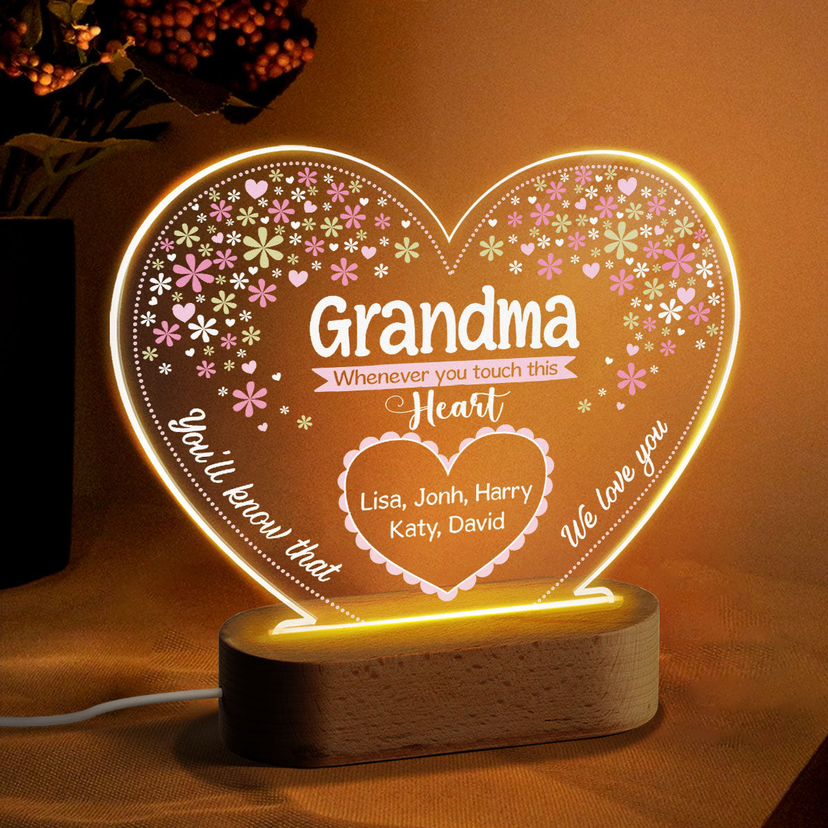 Whenever You Touch This Heart Grandma Personalized Acrylic Heart LED Lamp Night Light