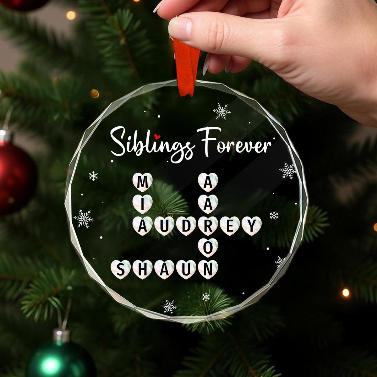 Siblings Forever Unique Gift For Brothers Sister Heart Crossword Puzzle Art Personalized Glass Ornament, Christmas Keepsake