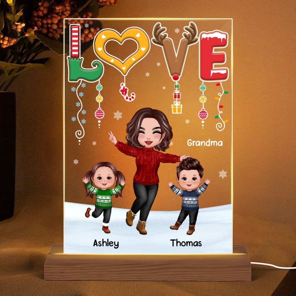 LOVE Happy Christmas Doll Grandma Mom With Kids Personalized Rectangle Acrylic Plaque LED Night Light