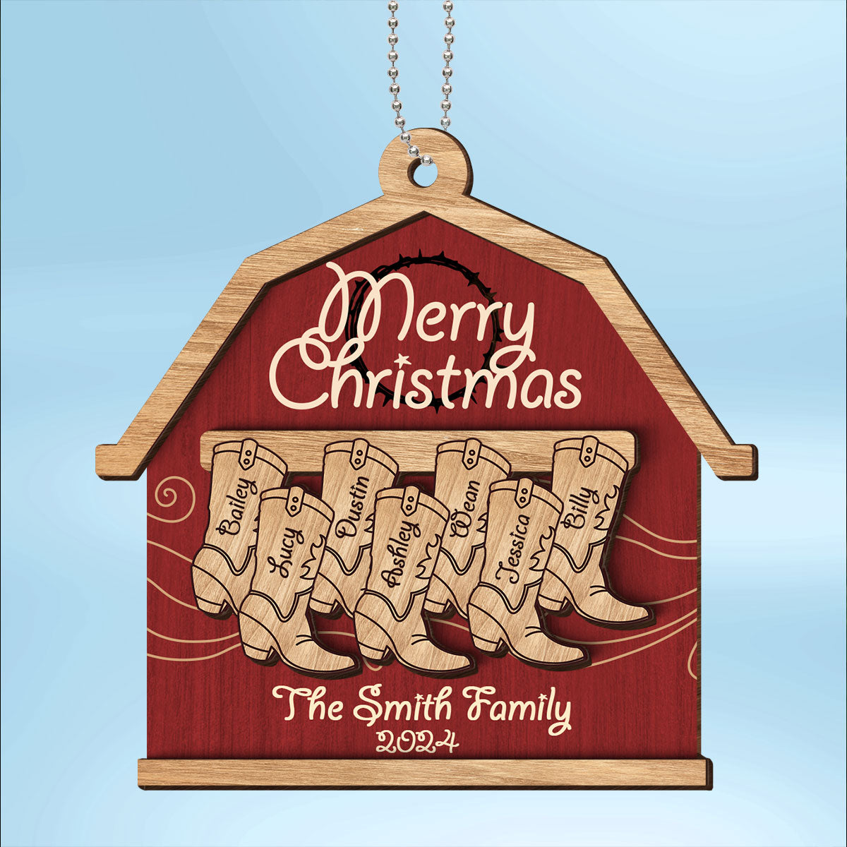 Cowboy Boot Family Names Personalized 2-Layer Wooden Ornament