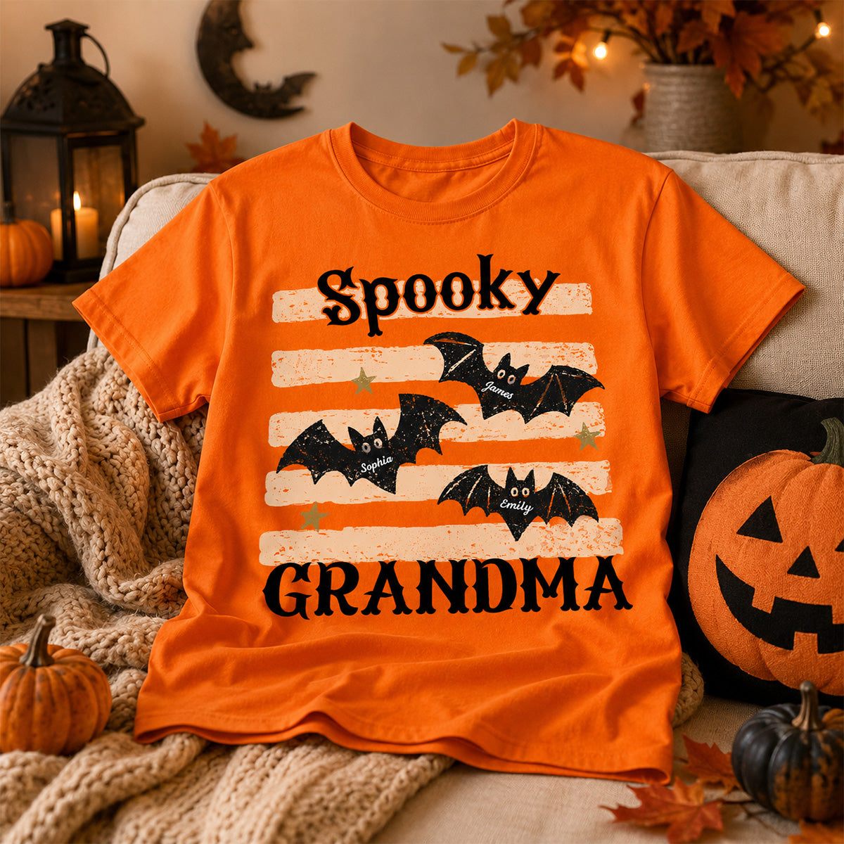 Spooky Grandma Little Bats Stripes - Personalized Shirt - Halloween Gift For Grandma