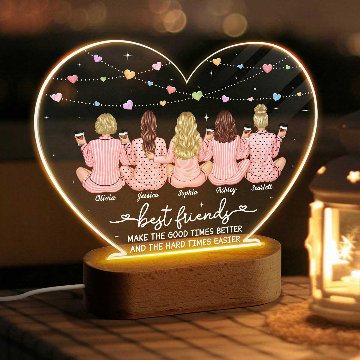 Back View Pajamas Besties Personalized Acrylic Heart LED Night Light, Gift For Best Friends, BFF