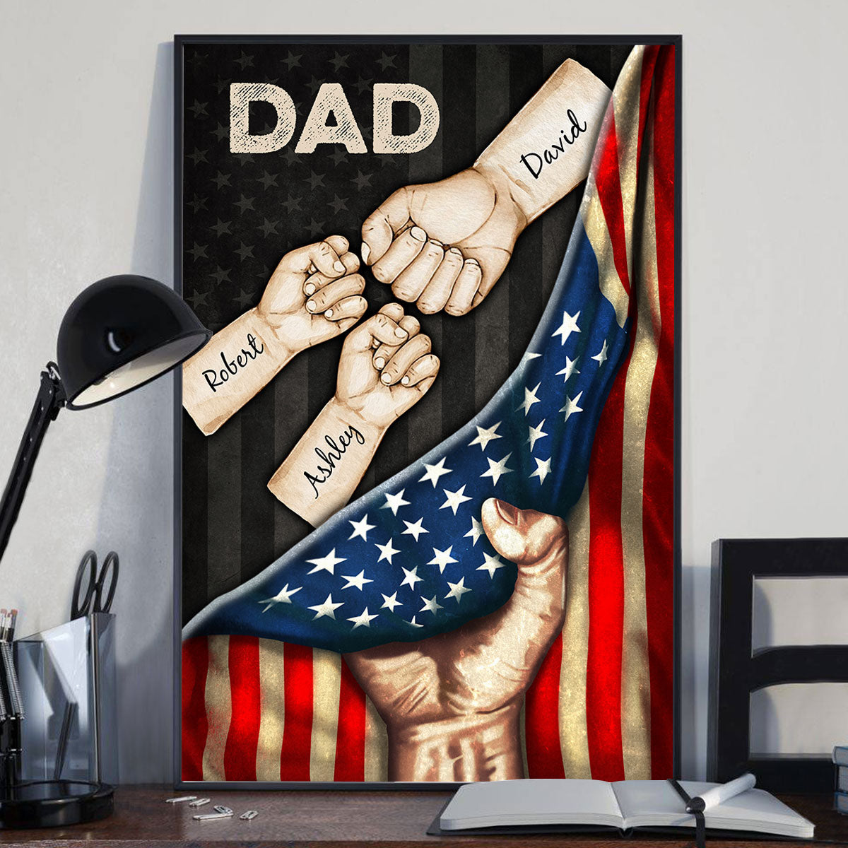 Daddy's Team Fist Bump Hand Pulling American Flag Personalized Poster, Father's Day Gift for Dad, for Grandpa, for Husband