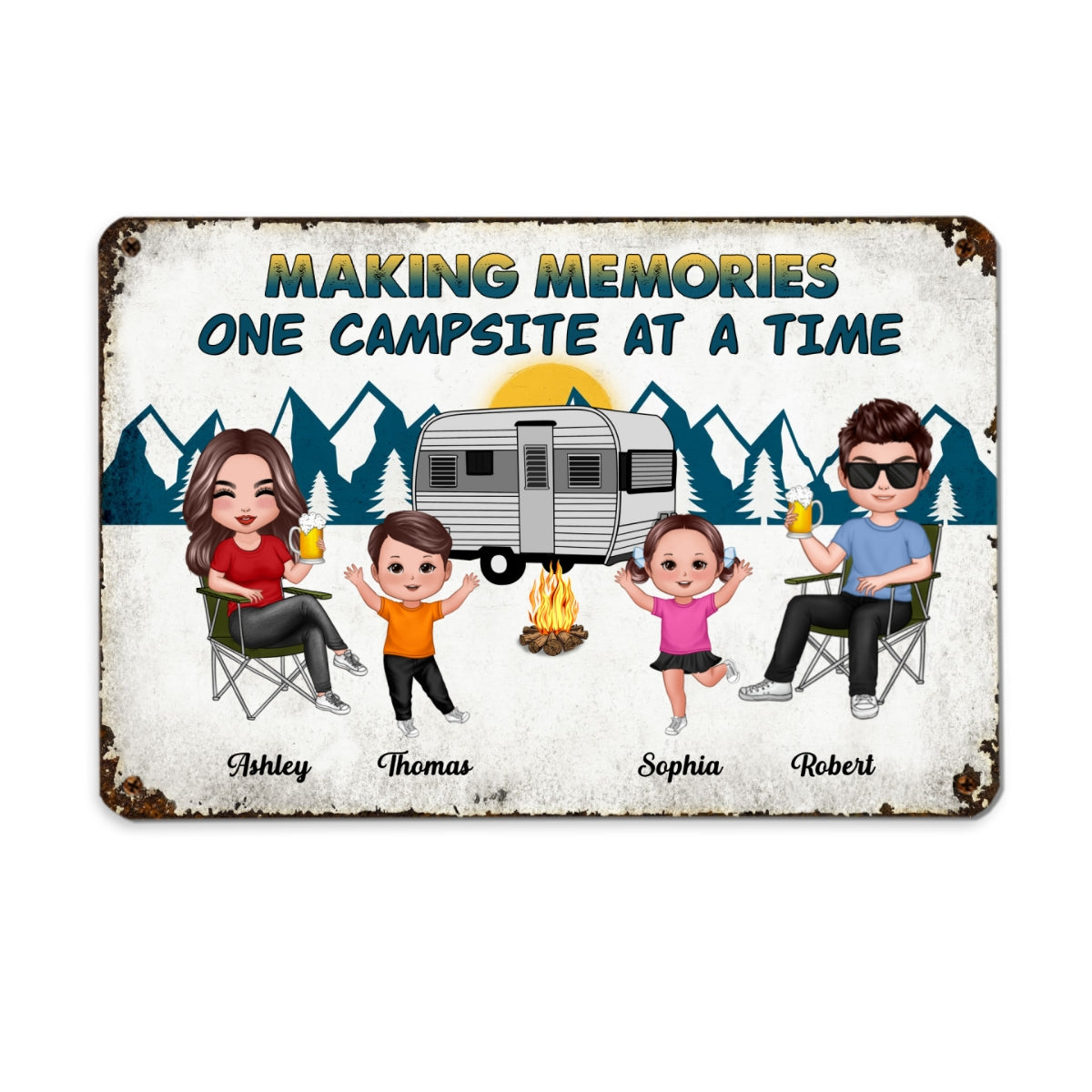 Whole Family Doll Couple Dad Mom Kids Dogs Cats Camping Personalized Metal Sign