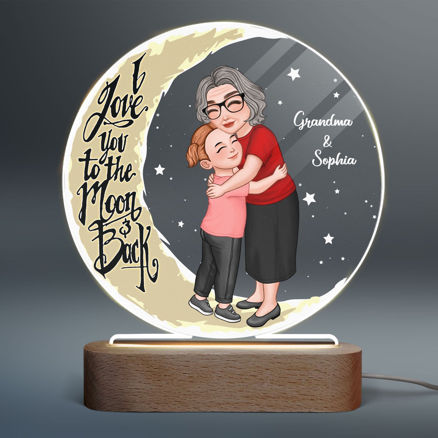 Grandma Hugging Grandkid Love You To The Moon And Back Personalized Acrylic LED Night Light, Gift For Grandma, Granddaughter, Grandson