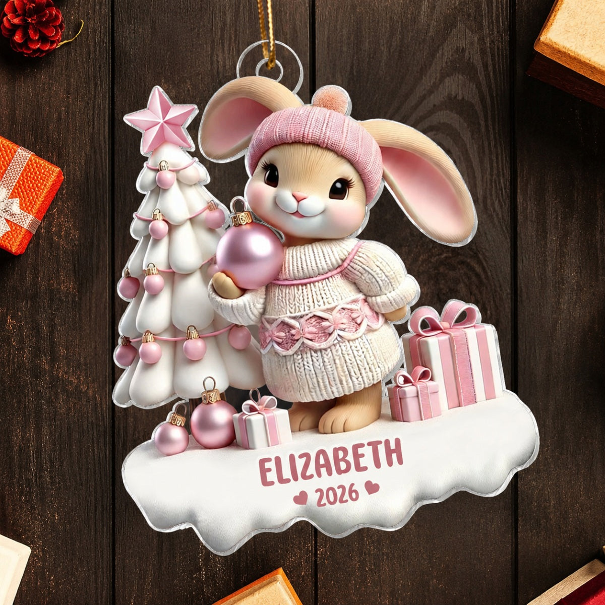 3D Effect Bunny Kid Girl Boy Christmas Personalized Acrylic Ornament, Christmas Gift For Son, Daughter, Grandson, Granddaughter, Children