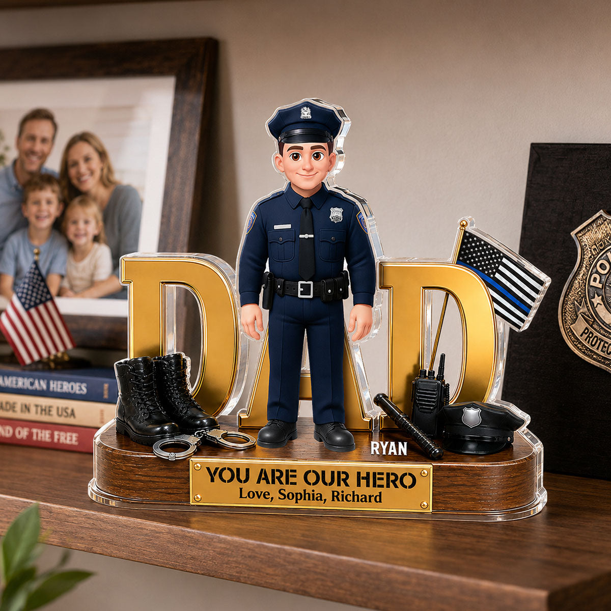 Proud American Police Dad You Are Our Hero Thin Blue Line 2D Flat - Personalized Acrylic Block Plaque - Father's Day Gift For Dad