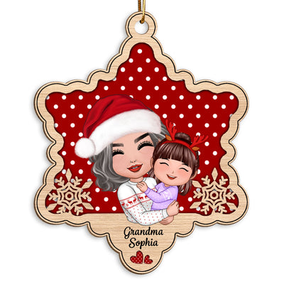 Doll Grandma Hugging Granddaughter Grandson Snowflake Personalized Wooden Ornament