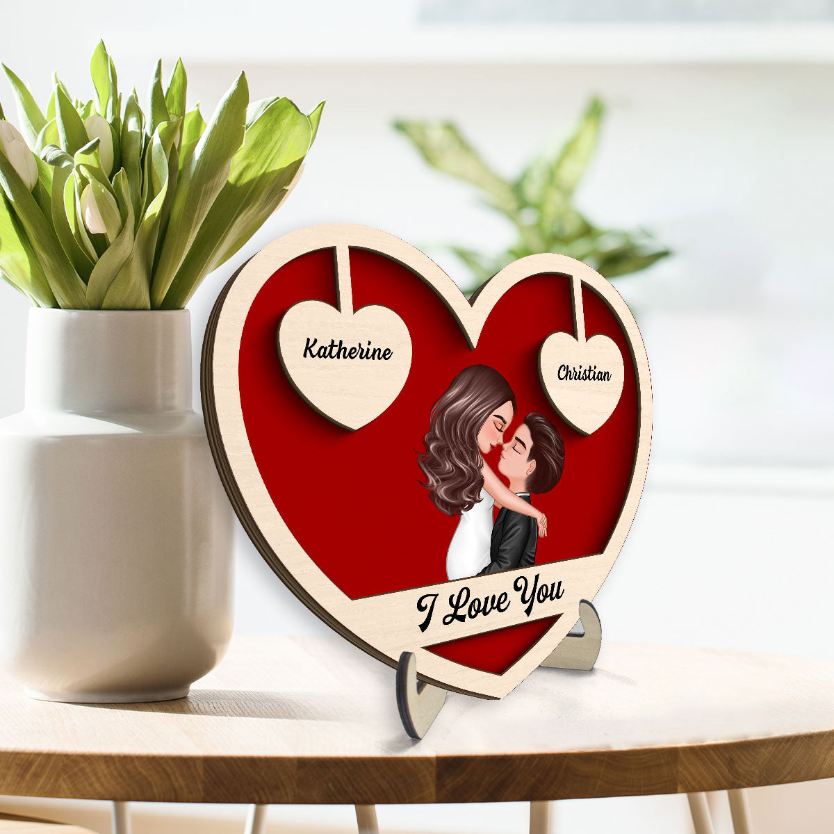 Couple Kissing Two Hearts Custom Message Personalized 2-layer Wooden Plaque