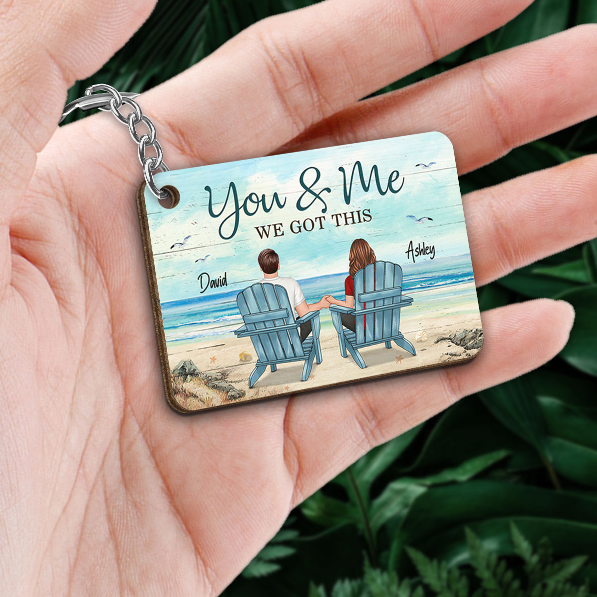 Back View Couple Sitting Beach Landscape Gift For Him For Her Personalized Wooden Keychain