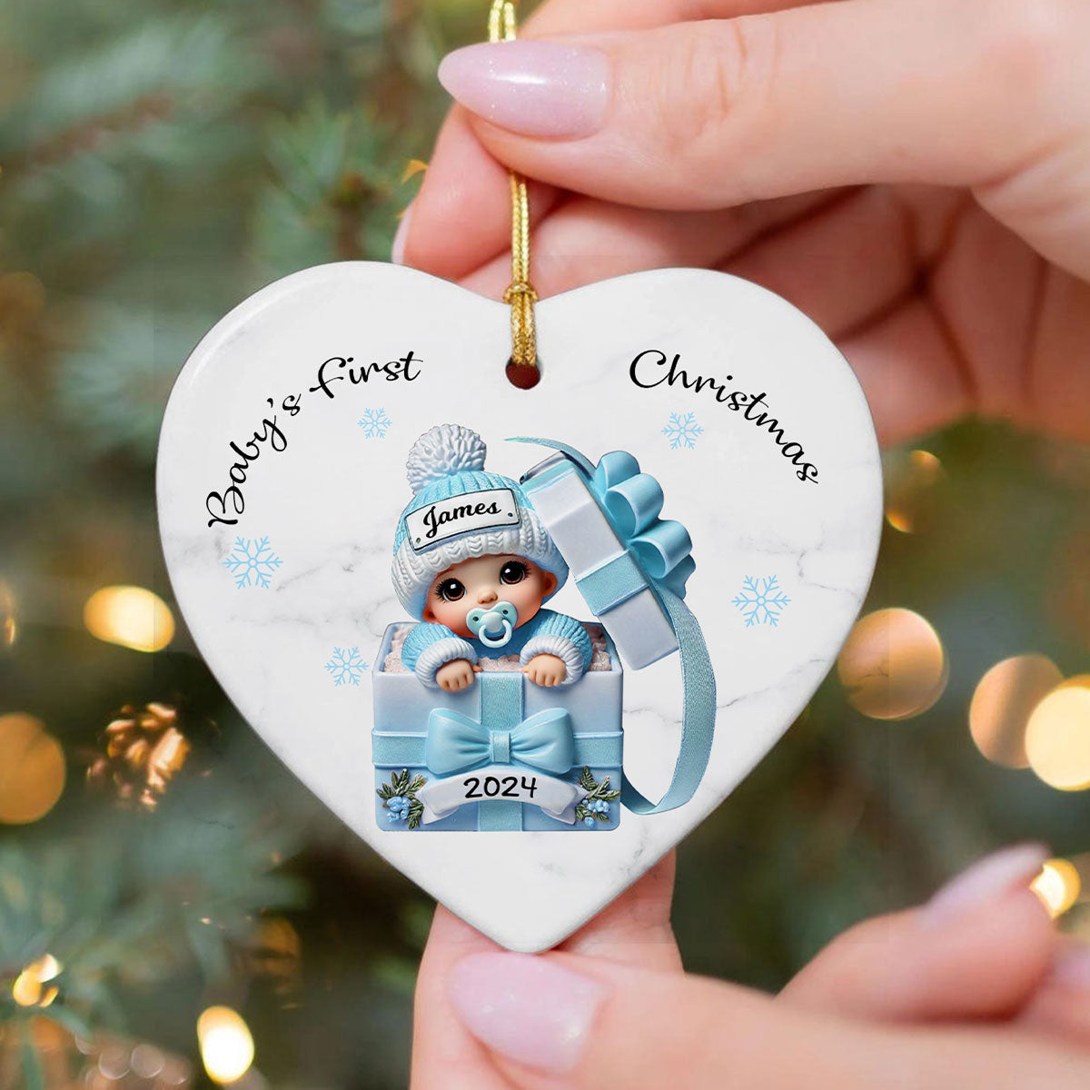 Baby Inside Gift Box Personalized Heart Ornament, Baby First Christmas Keepsake