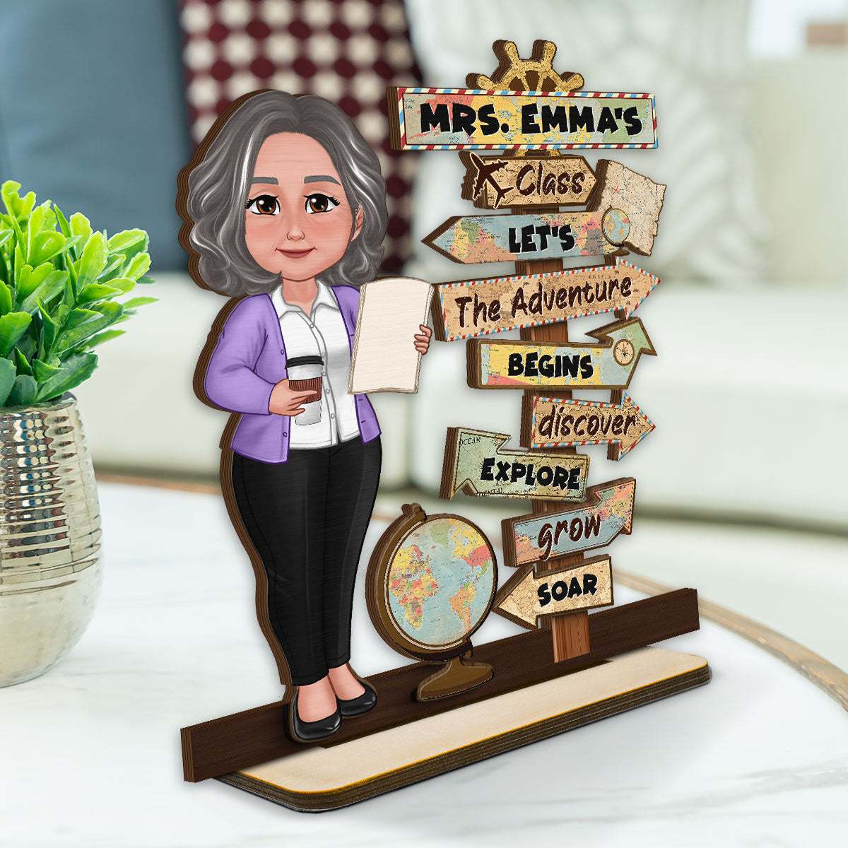Let's The Adventure Begins Personalized 2-Layer Standing Wooden Plaque, Classroom Decoration, Desk Decor
