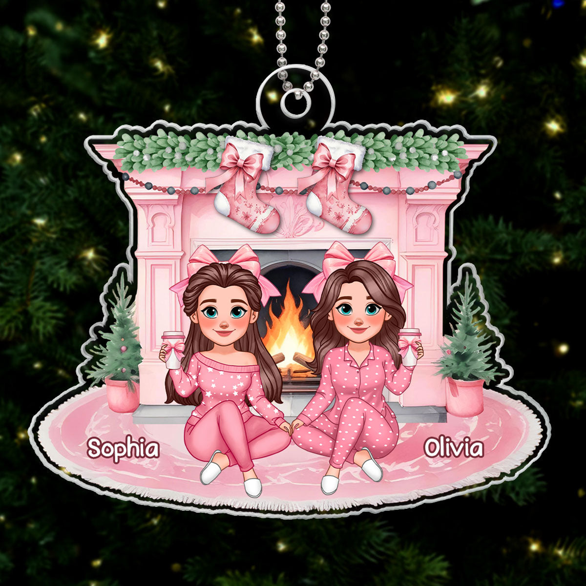 Christmas Coquette Besties Stocking On Pink Fireplace Personalized Acrylic Ornament