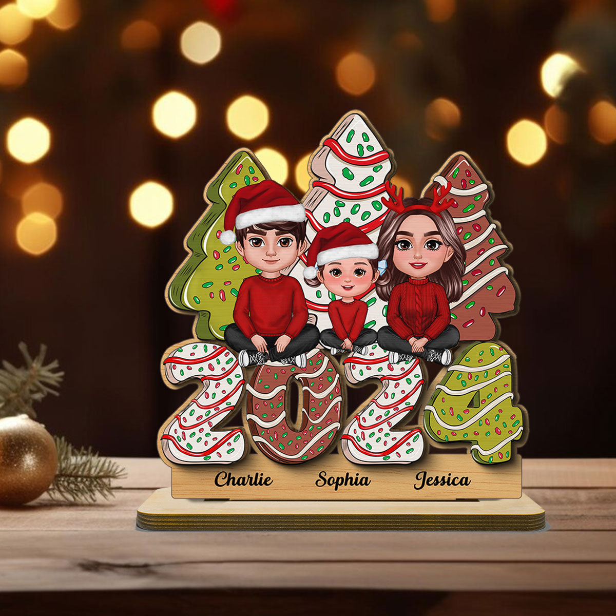 Family Crossed Legs Sitting Christmas Tree Cake Patterned Personalized 2-Layer Standing Wooden Plaque