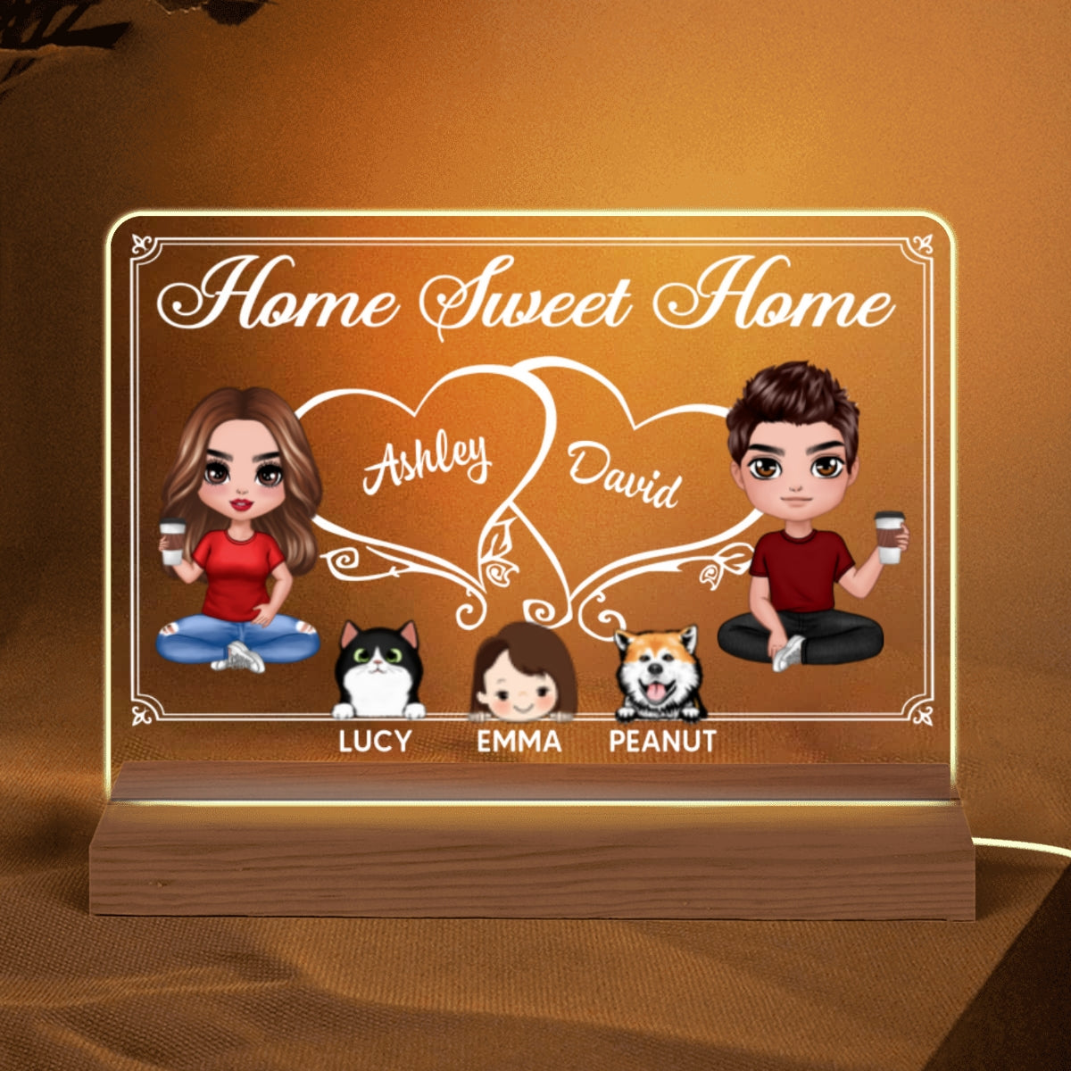Doll Couple Dad Mom Kids Dogs Cats Sitting Home Sweet Home Personalized Custom Shape Acrylic Plaque LED Night Light