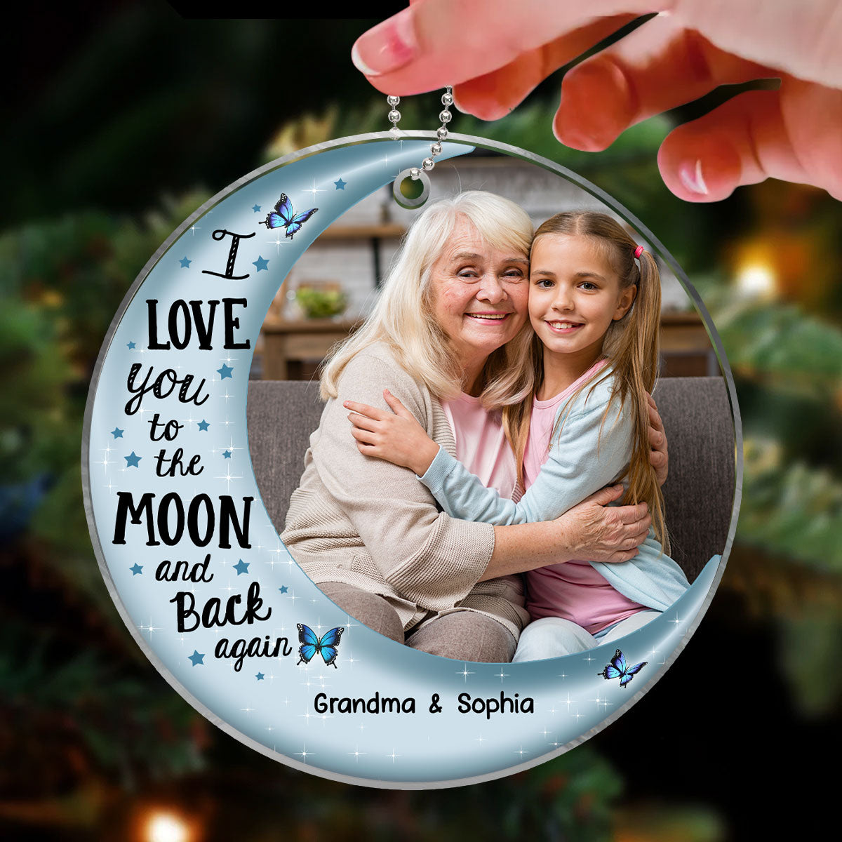 Love To The Moon Grandma Grandkid Photo Inserted Personalized Acrylic Ornament