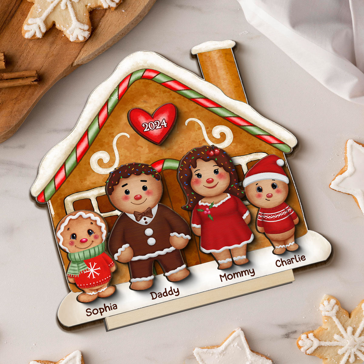 Gingerbread Family Standing House Personalized 2-Layer Standing Wooden Plaque