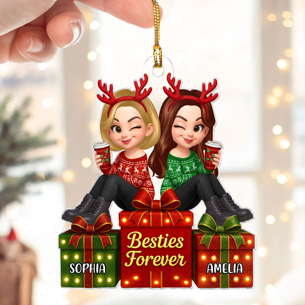 Besties Forever Beautiful Marquee Pattern Effect Gift Box Christmas - Personalized Acrylic Ornament