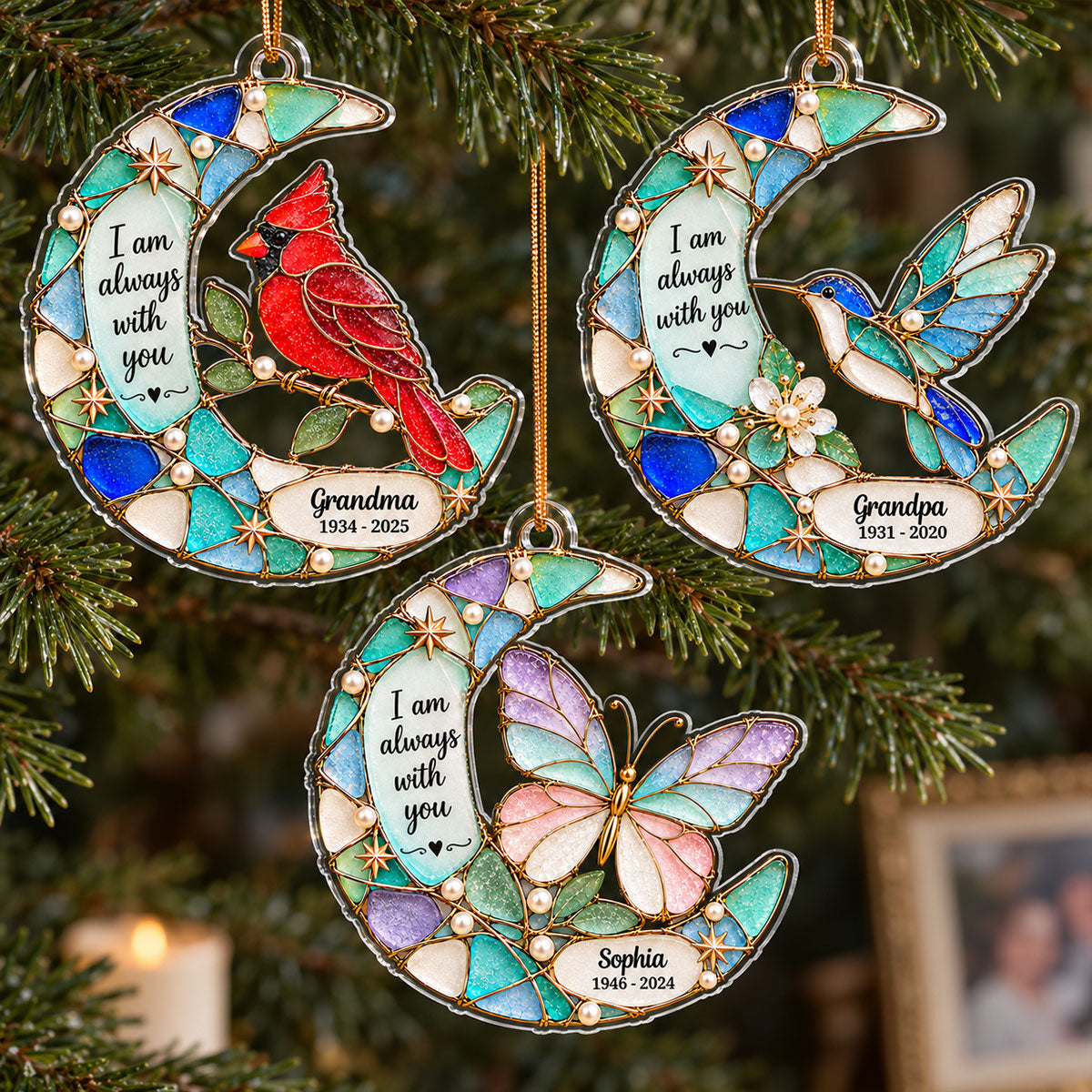 Always With You Moon & Cardinal Hummingbird Butterfly Symbol 2D Flat Printed - Personalized Acrylic Ornament - Memorial Sympathy Gift, Christmas Remembrance Keepsake