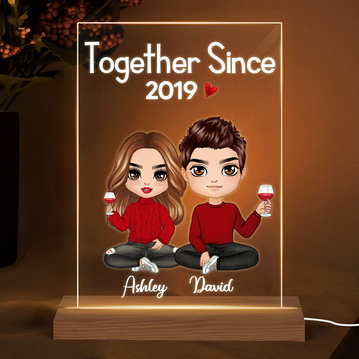 Doll Couple Sitting Valentine‘s Anniversary Gift For Him Gift For Her Acrylic Plaque LED Night Light