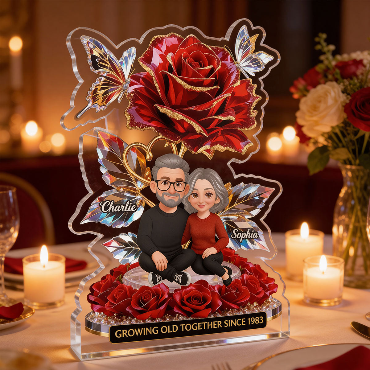Eternal Love Roses Couple Forever Together - Personalized Acrylic Block Plaque - Gift For Couple, Gift For Him, For Her