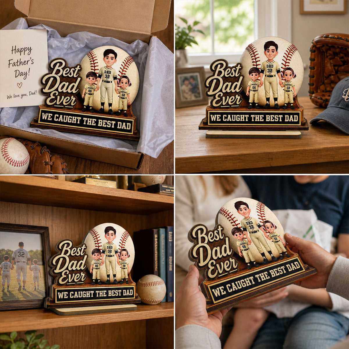 We Caught The Best Dad Dad & Kids - Personalized 2-Layered Wooden Plaque - Happy  For Baseball Softball Dad