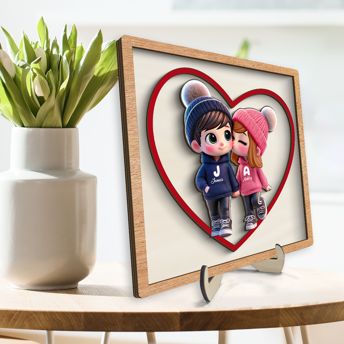 3D Effect Personalized Initials Heart Sign Personalized 2-Layered Wooden Plaque, Cute Cartoon Couple Walking, Tiered Tray Valentines Signs or Shelf Signs