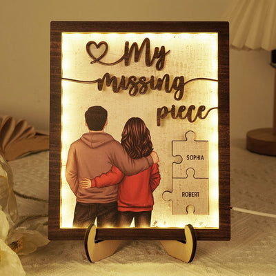 My Missing Piece Back View Couple Personalized 2-Layered Wooden Plaque with LED, Heartfelt Birthday, Anniversary Gift for him, for her