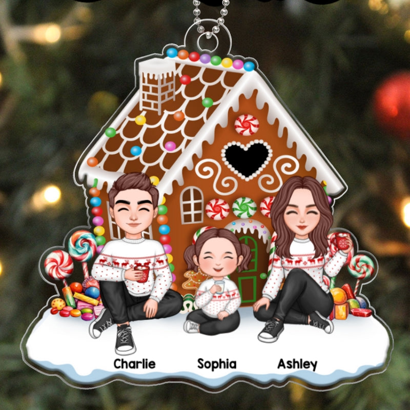 Cute Family Dad Mom Kids Dogs Cats Sitting Christmas Gingerbread House Personalized Acrylic Ornament