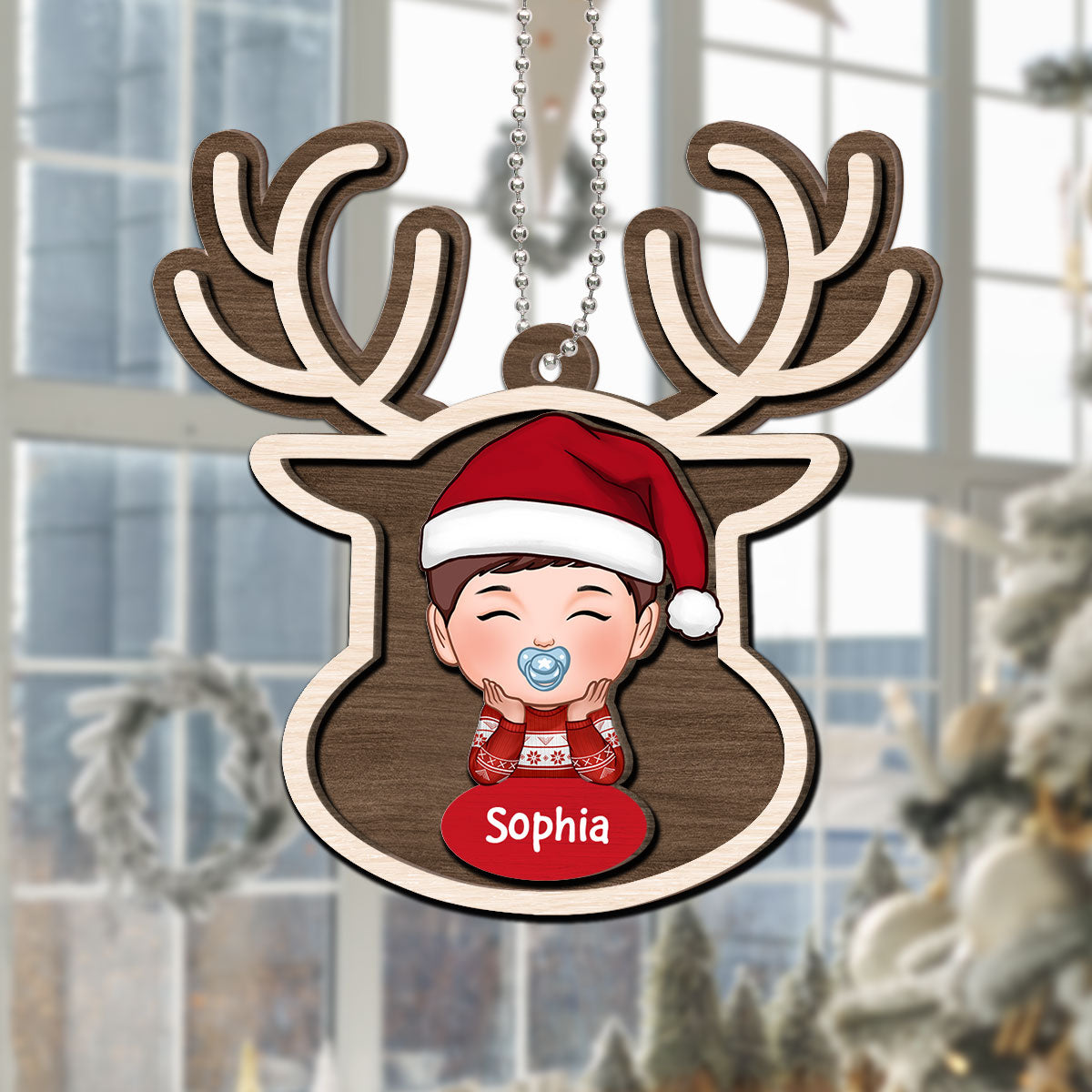 Reindeer Baby Christmas Personalized 2-Layer Wooden Ornament