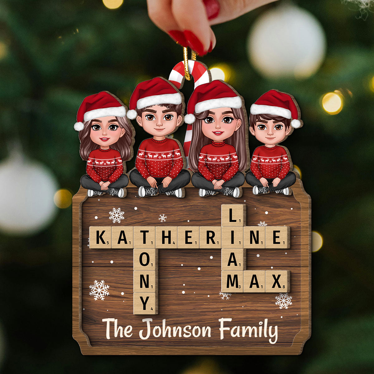 Animated Family Sitting On Crossword Puzzle Board Personalized 2-Layer Wooden Ornament