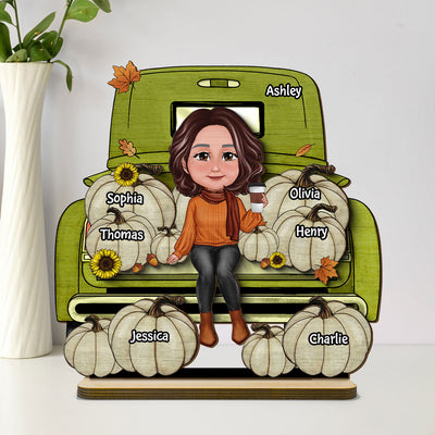 Grandma Fall Season Truck Personalized 2-Layer Standing Wooden Plaque, Fall Season Tier Tray Decoration