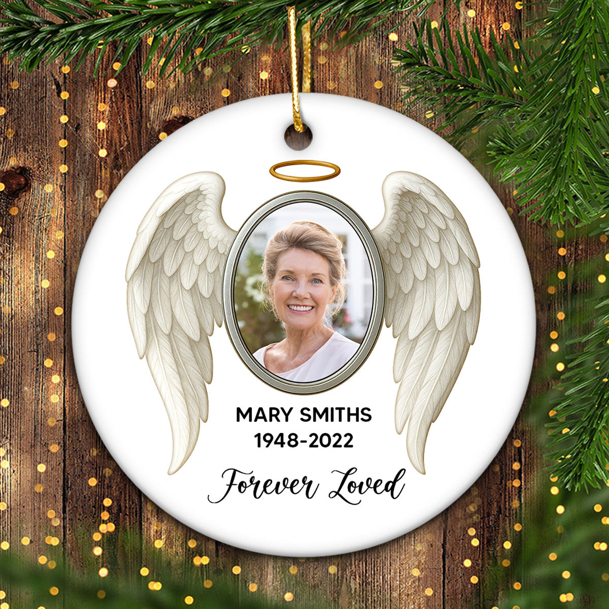 Heavenly Halo & Wings Memorial Ceramic Ornament, Personalized Keepsake Christmas Ornament, Sympathy Gift For Loss Of Loved Ones