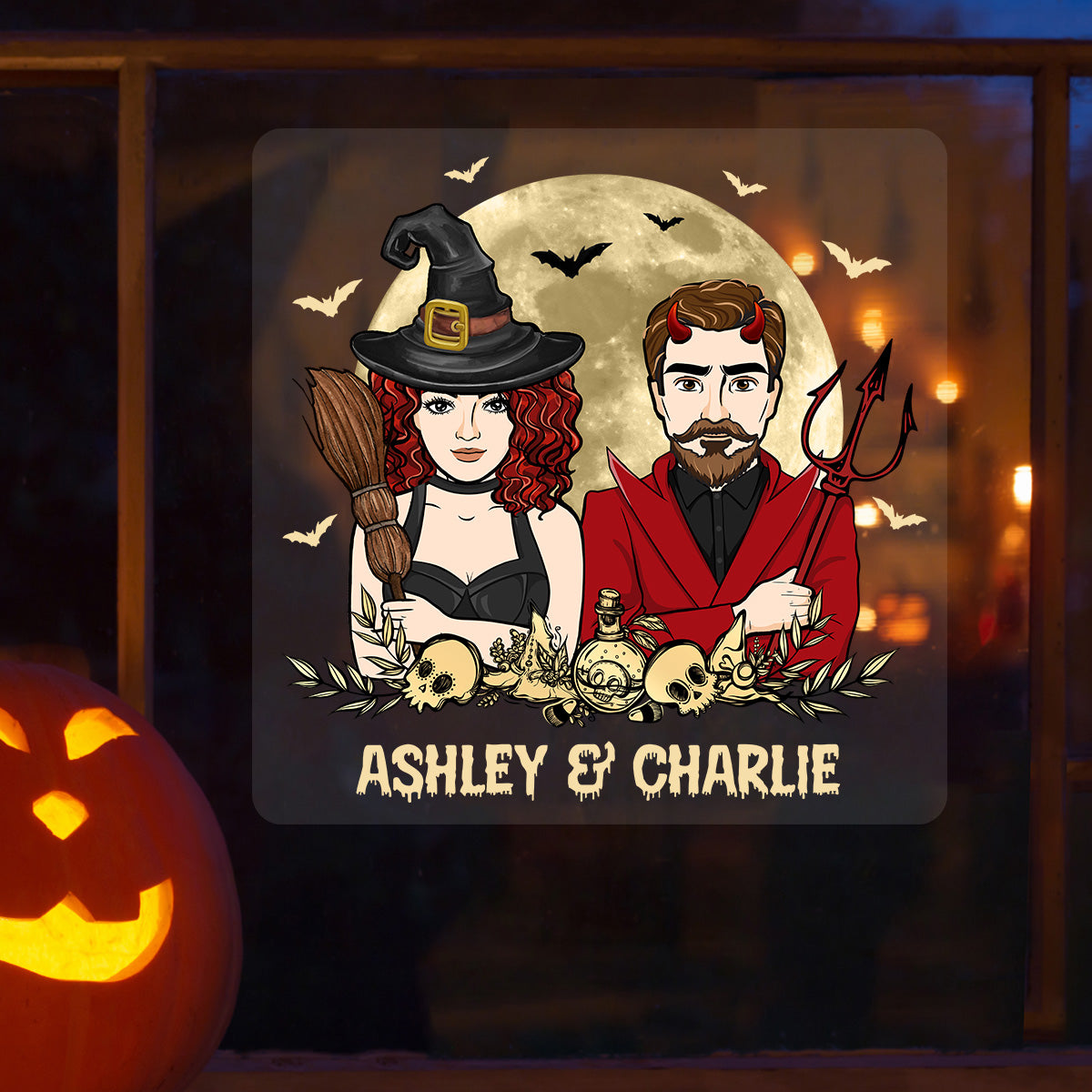 Halloween Couple Witch And Devil Personalized Decal, Halloween Decor