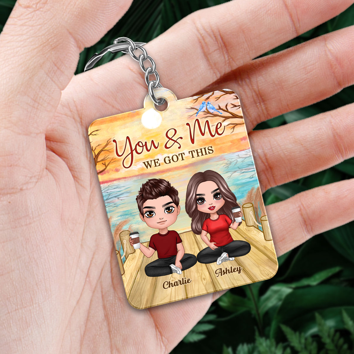 Lake View Doll Couple Sitting Favorite Song Scannable QR Code Personalized Acrylic Keychain