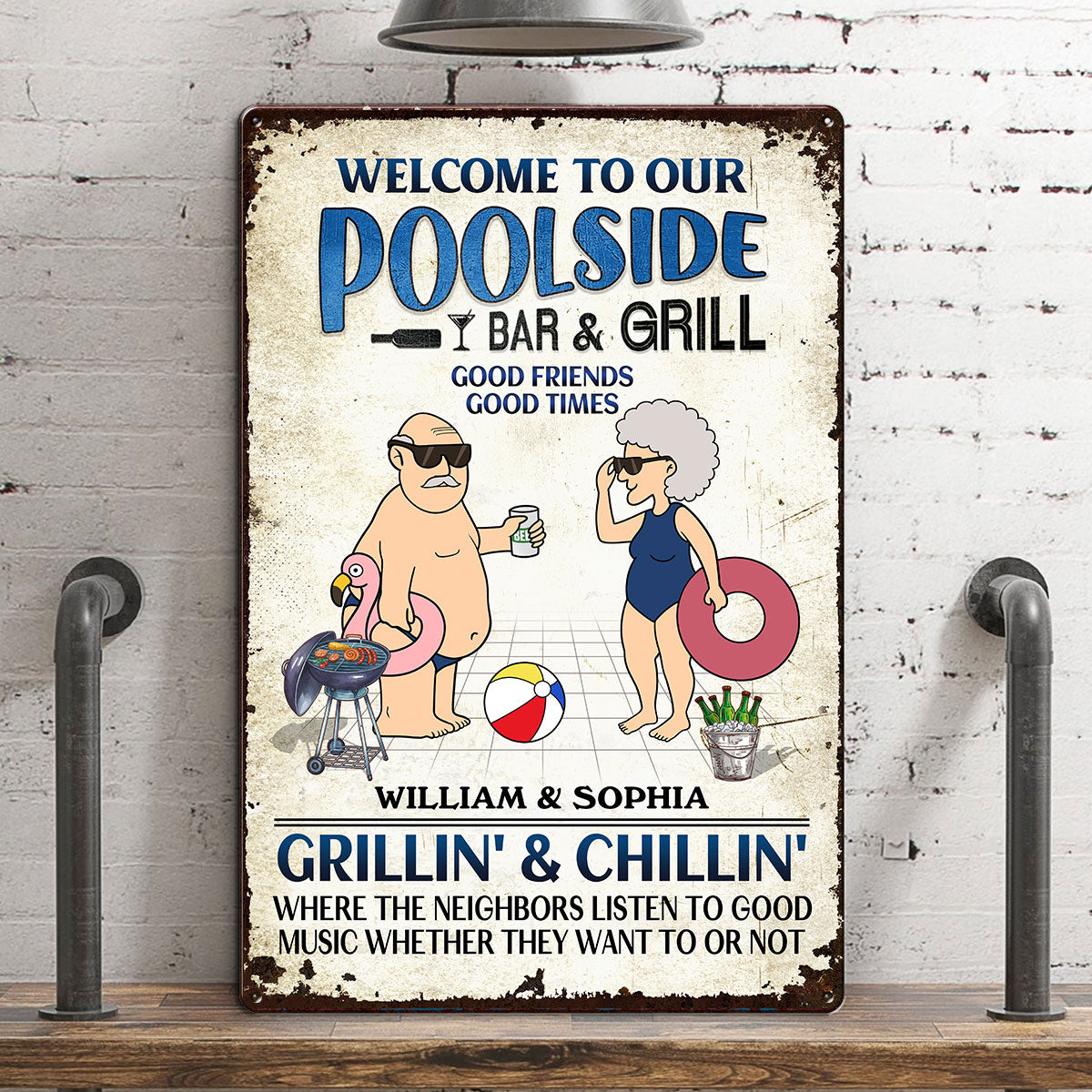 Welcome To Our Poolside Funny Old Couple Personalized Metal Sign