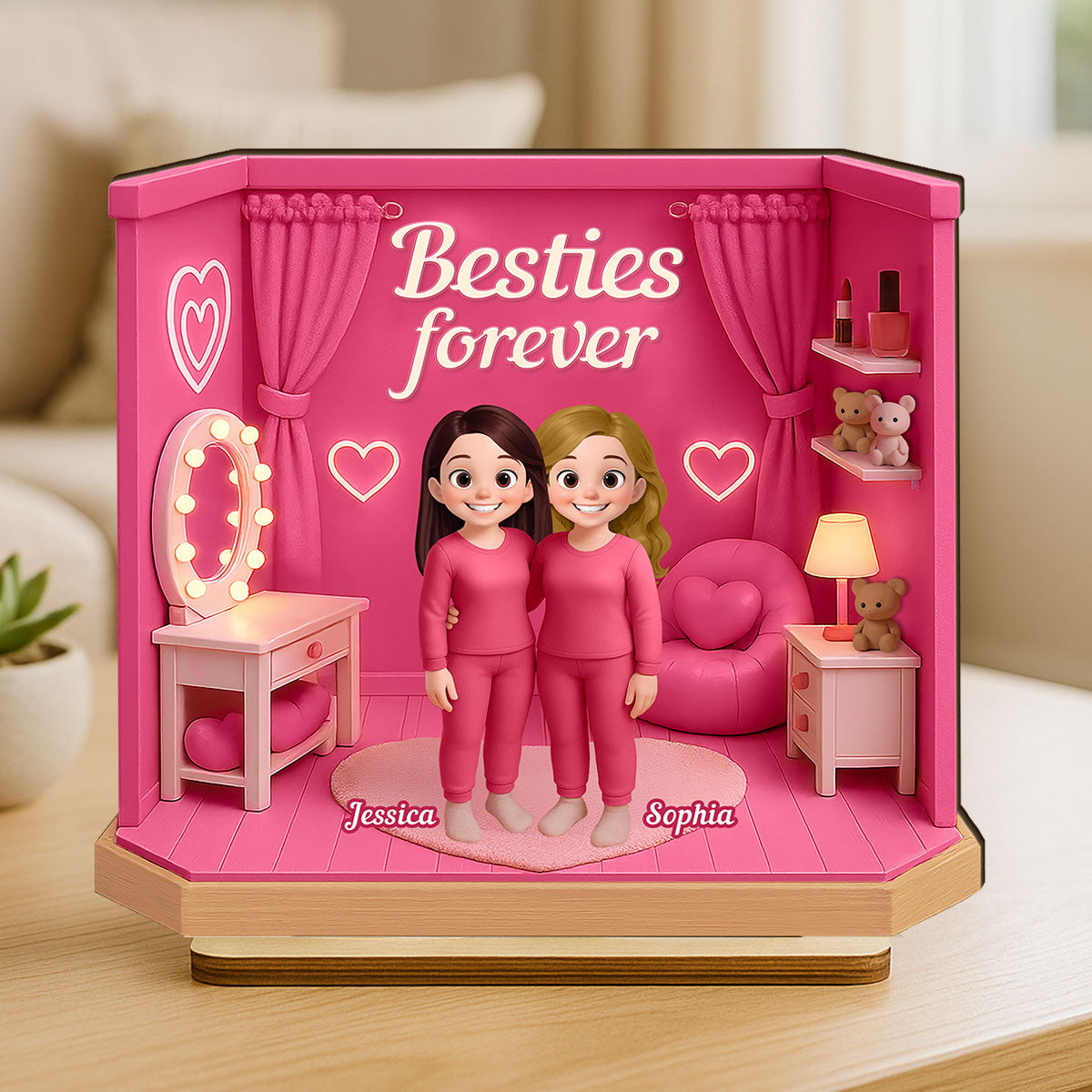 3D Effect Besties Pink Tone Dream Dollhouse Personalized Flat Standing Wooden Plaque