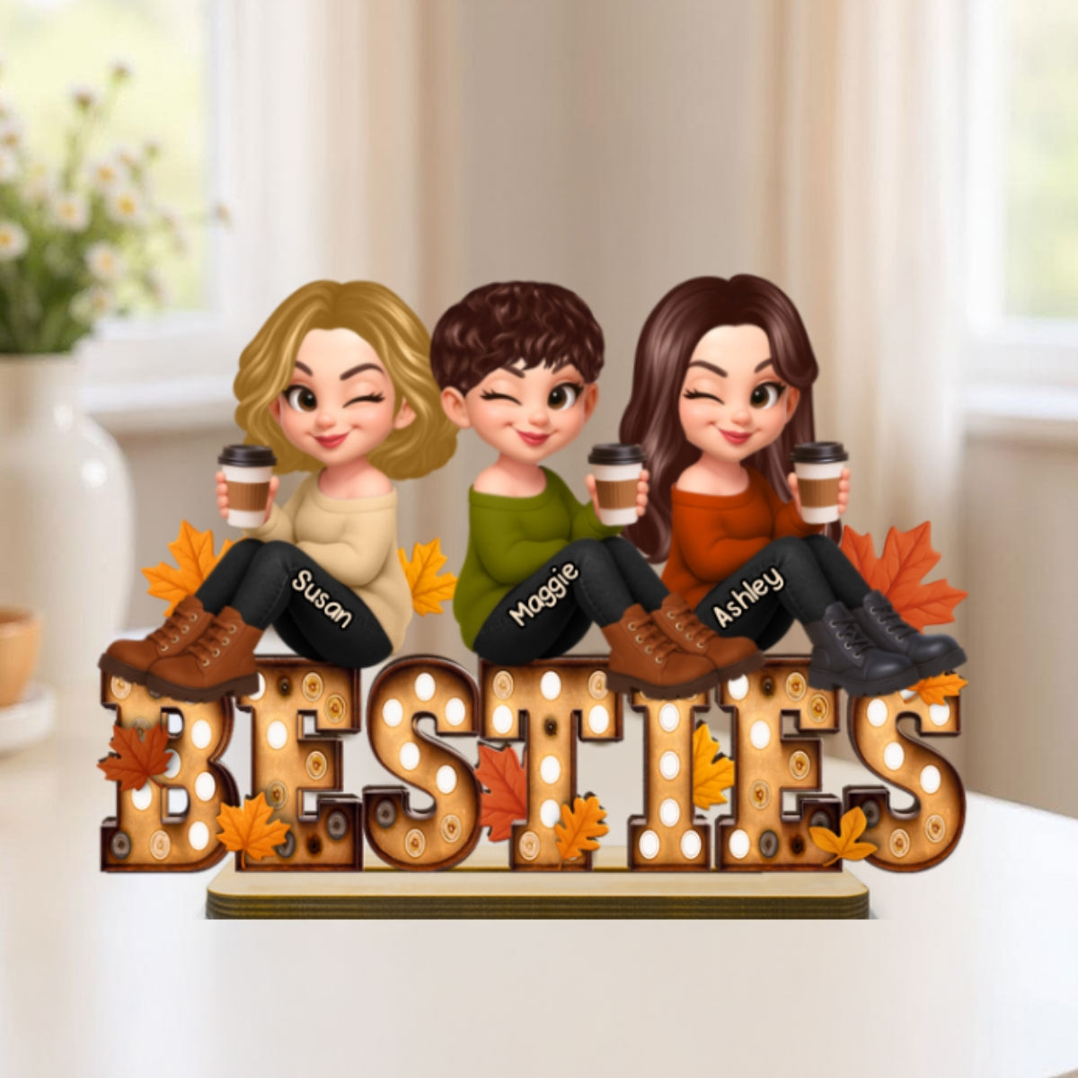 Fall Besties Sitting On Text Marquee Effect Personalized Standing Wooden Plaque, Meaningful Gift For Best Friends