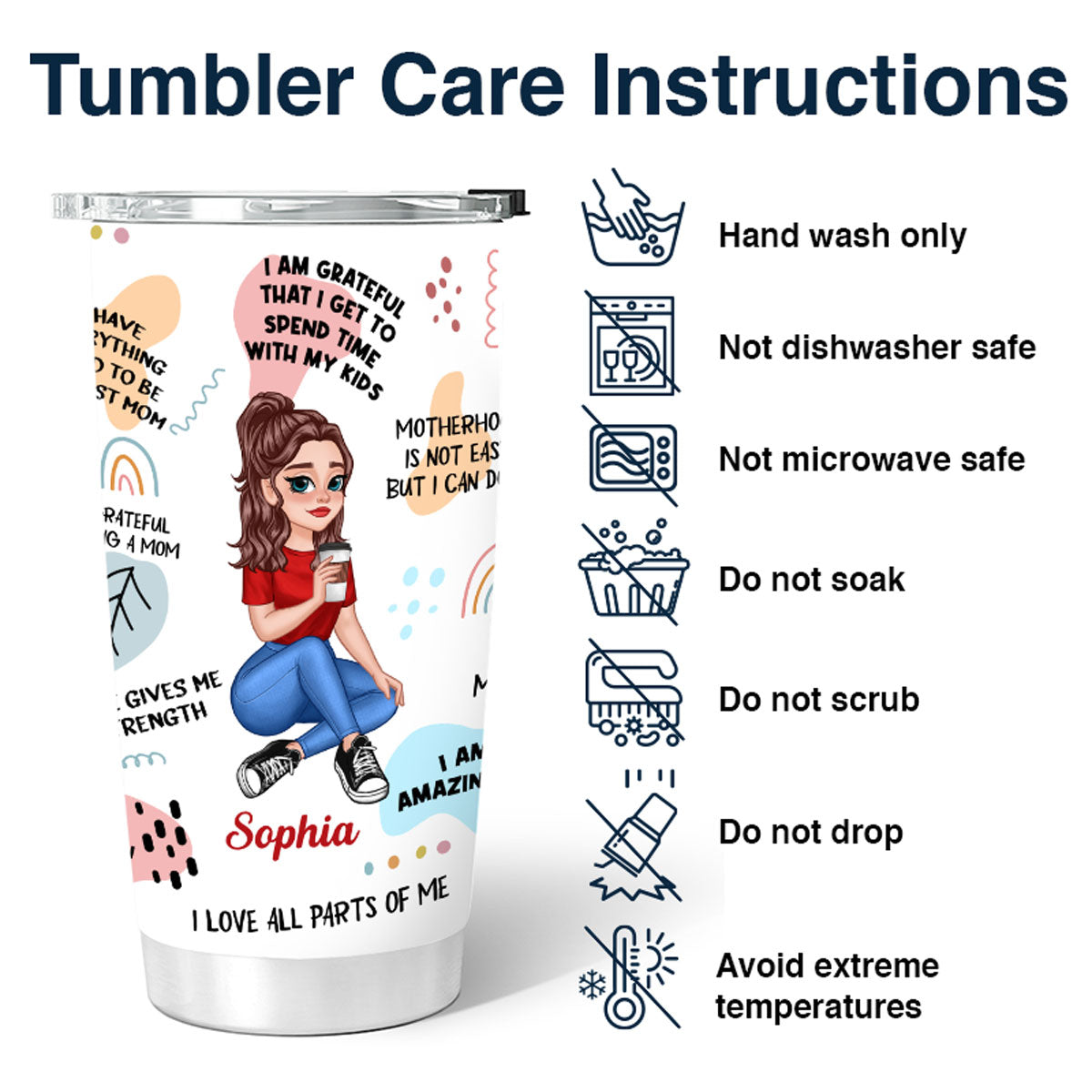 Mom Daily Affirmations Pretty Cartoon Woman Sitting Gift For Mother Personalized Tumbler
