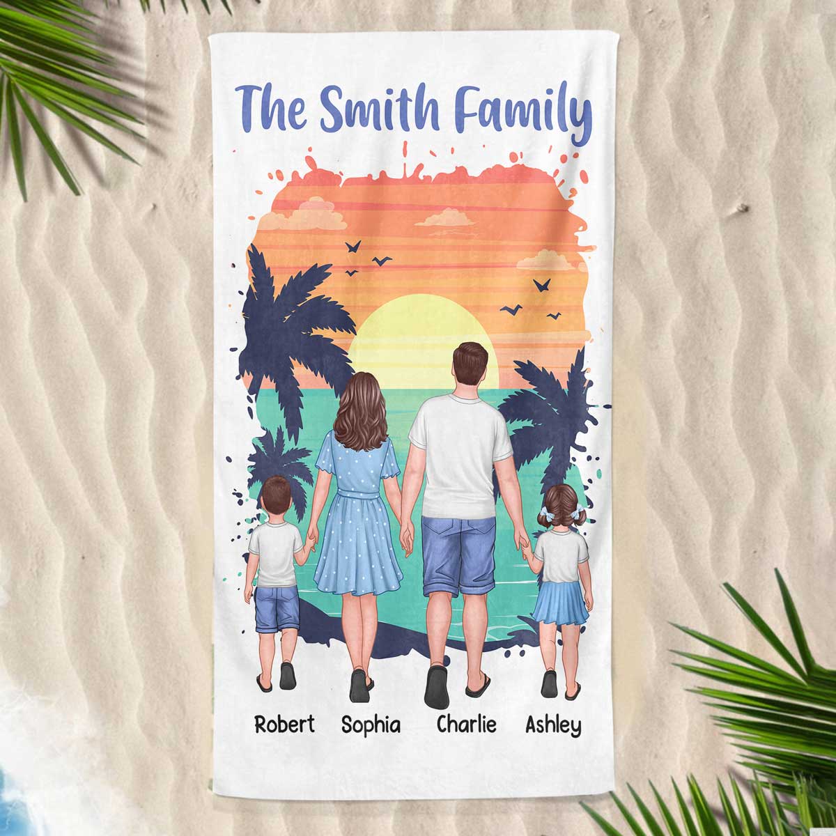 Family Standing Back View Summber Personalized Beach Towel