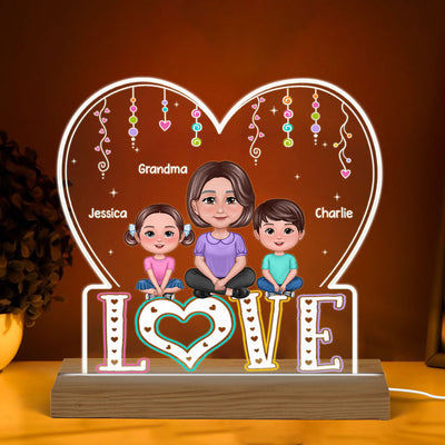 LOVE Pretty Woman Sitting With Kids On Word Personalized Custom Shaped Acrylic Plaque With Warm LED Night Light